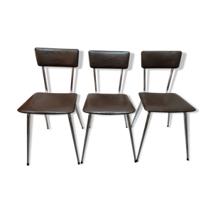 3 chaises de cuisine de 1970, skaï marron