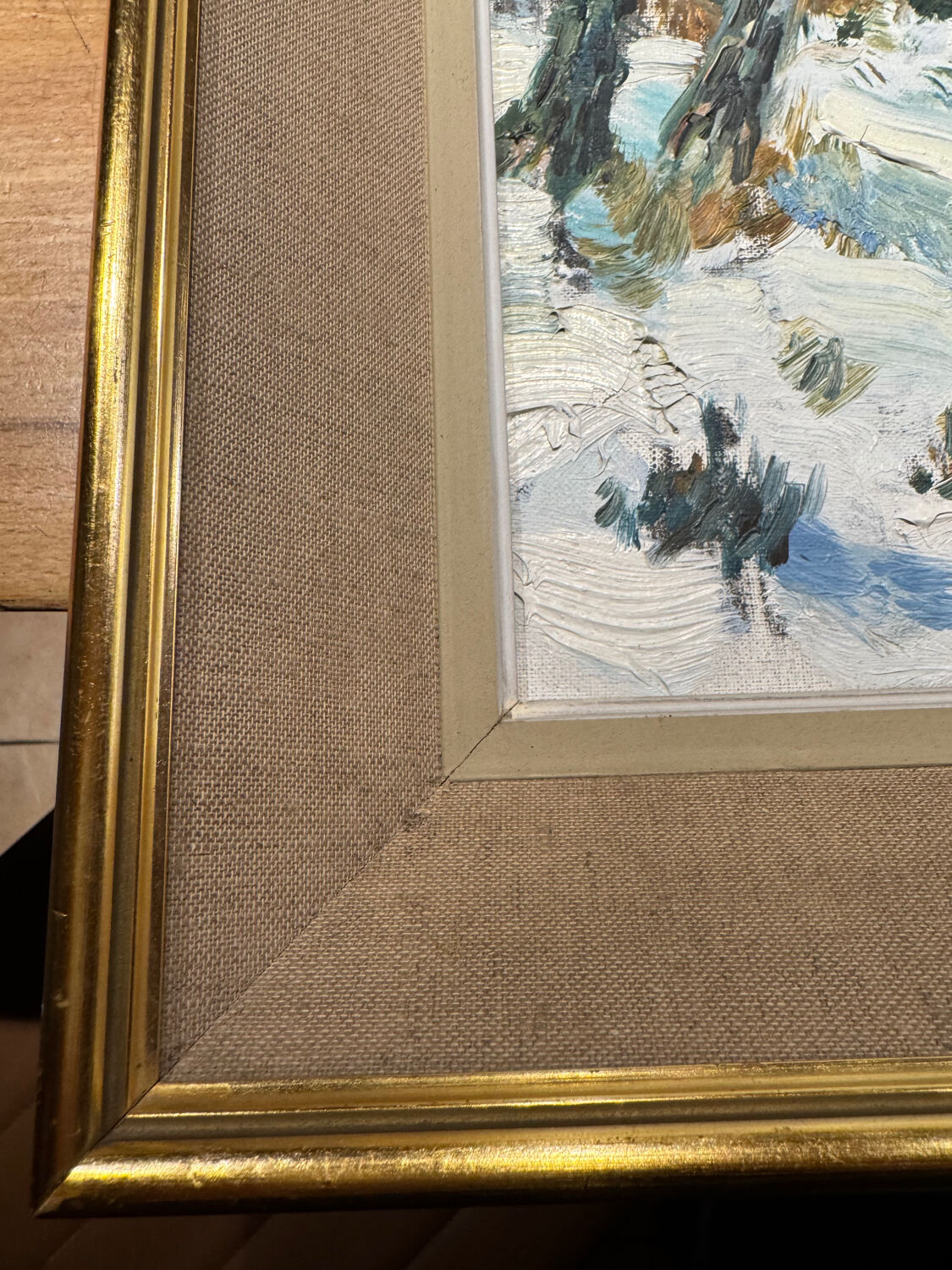 Antique painting, landscape under the snow, signed Fallet 1967