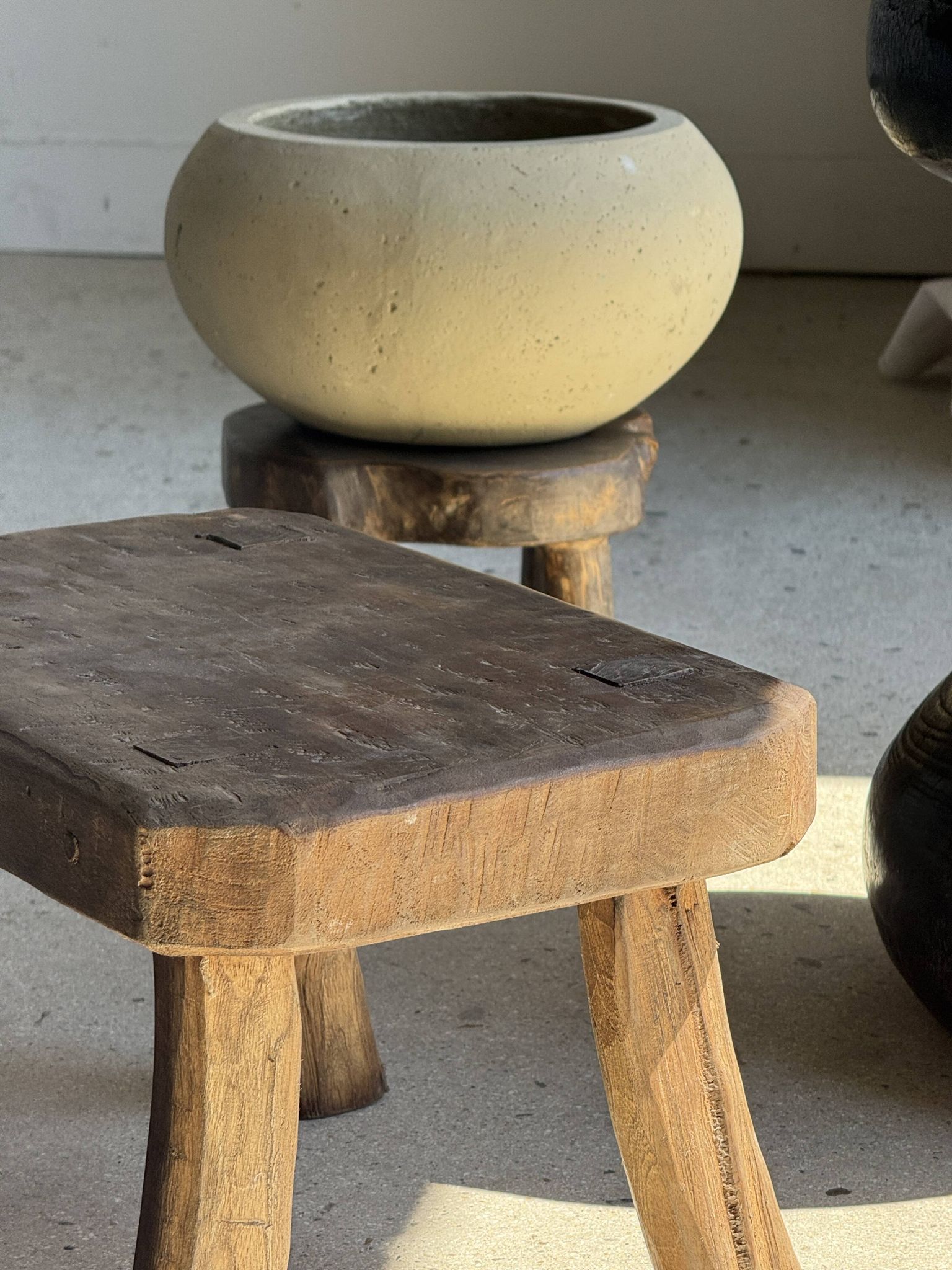 Small stool, rectangular rounded solid teak side table wabi-s