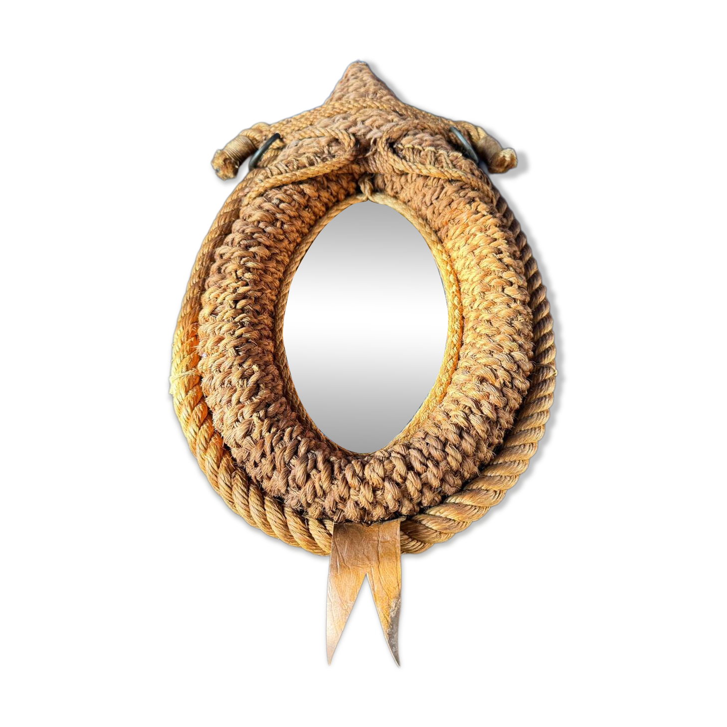 Vintage Audoux-Minet mirror. 1950s. Rope/hemp/leather