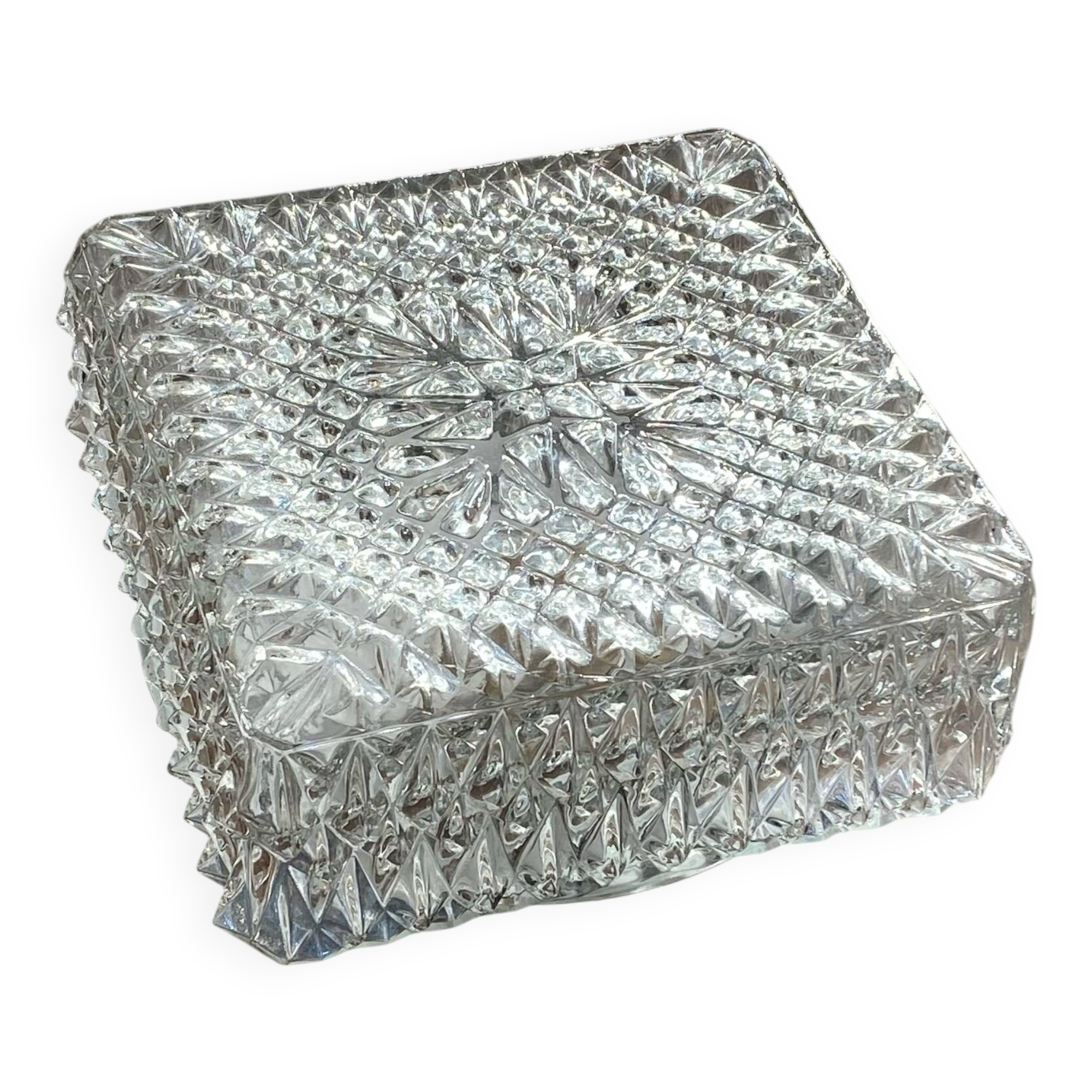 Small square wall-mounted ceiling light with transparent glass, vintage fixture.