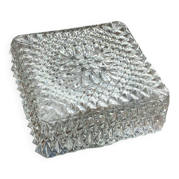 Small square wall-mounted ceiling light with transparent glass, vintage fixture.