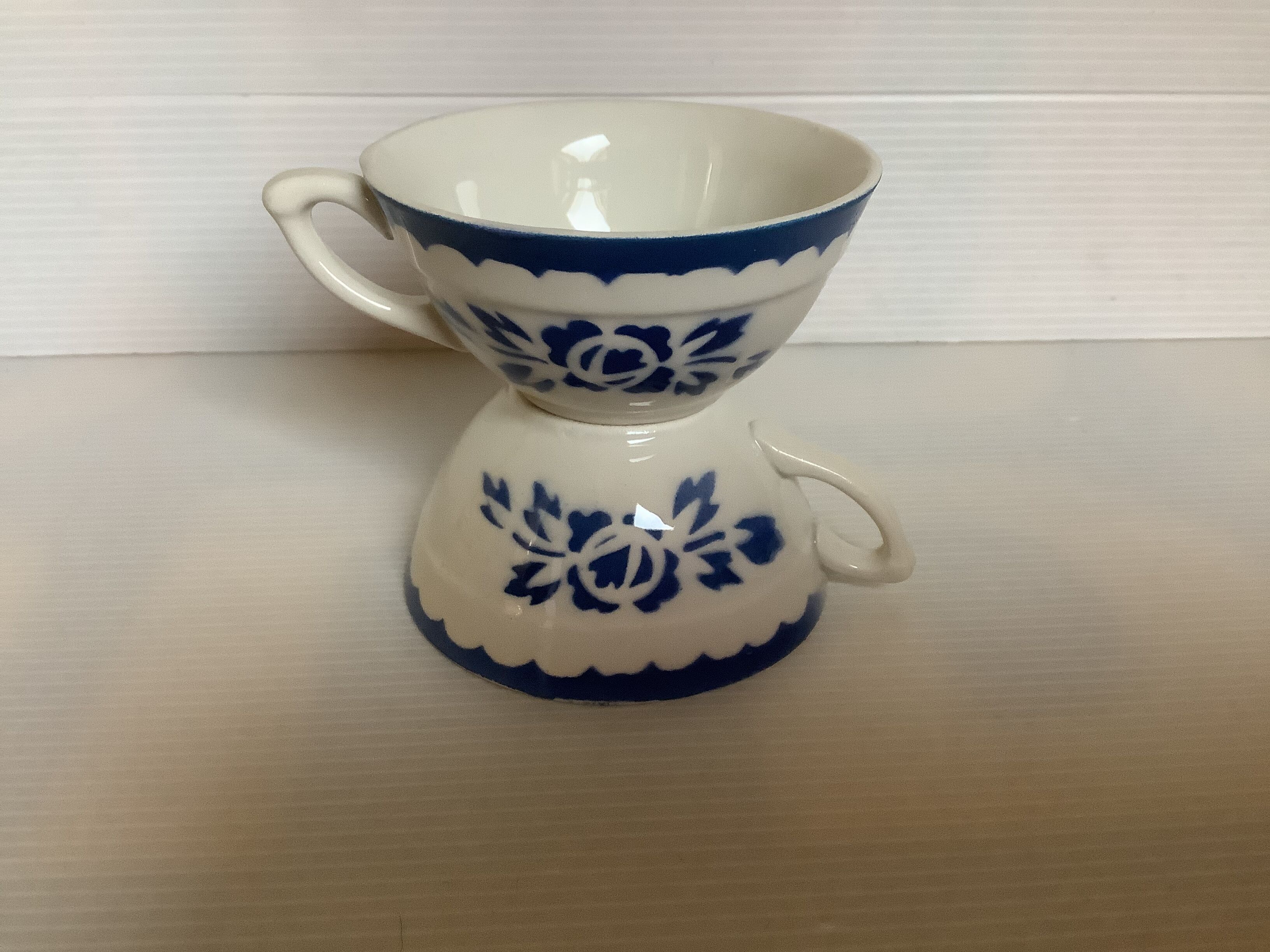 10 old earthenware cups with blue flowers and stencils