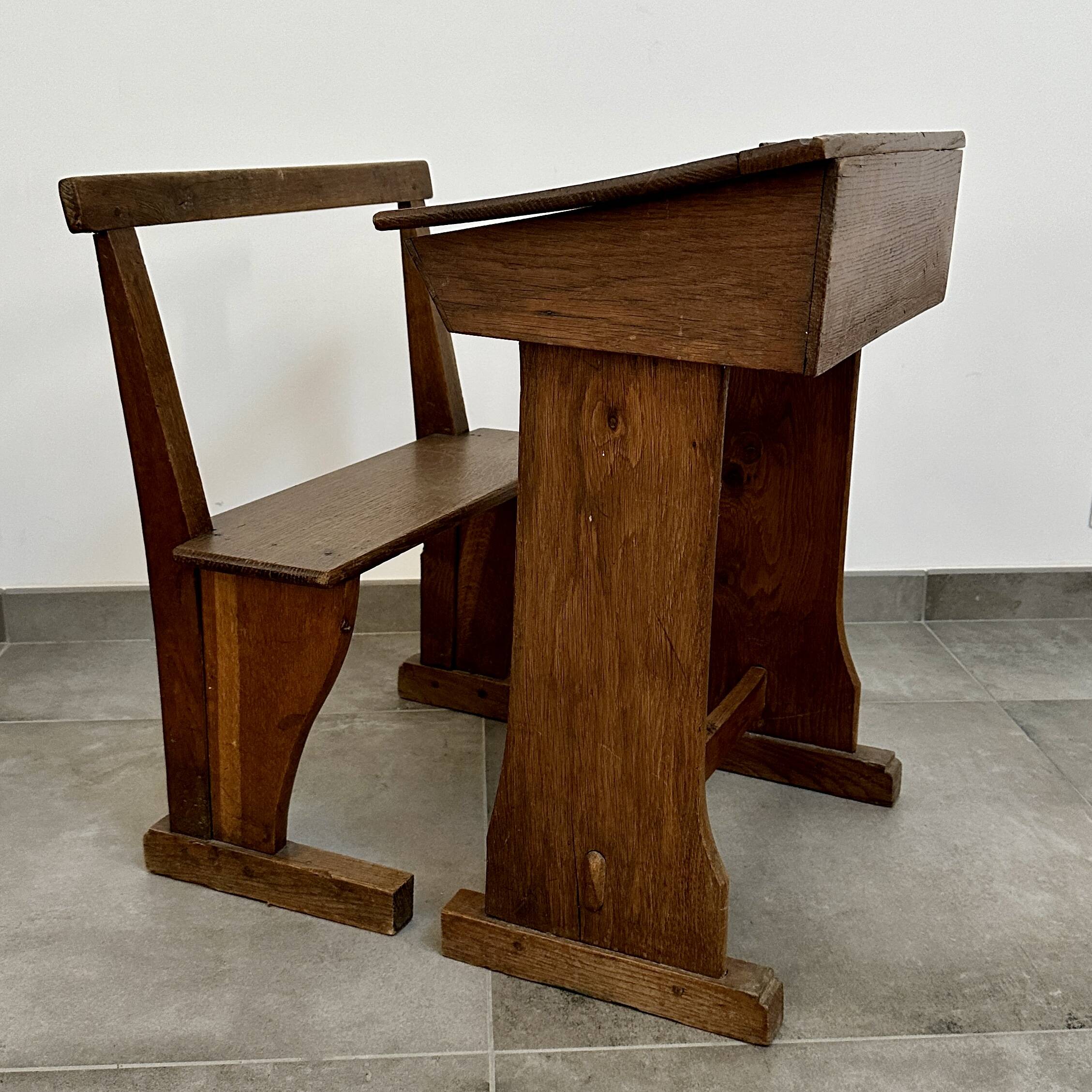 Solid oak school desk - mid-20th century - freestanding bench