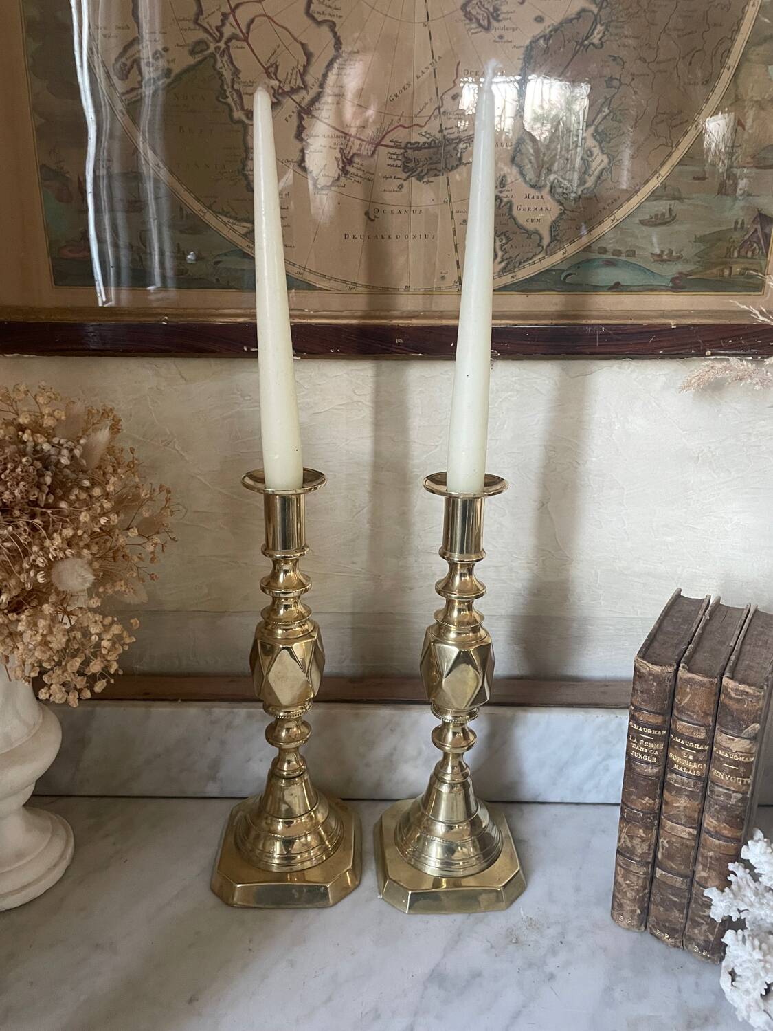 Pair of antique english princess of diamonds brass candlesticks