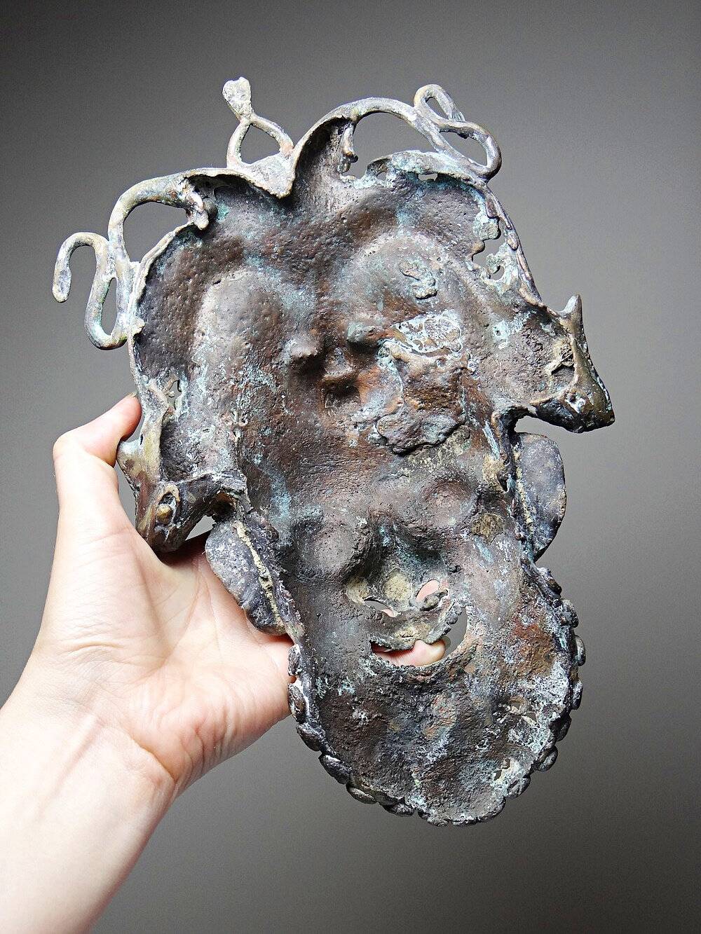 Vintage bronze African mask Bamoun, Cameroon