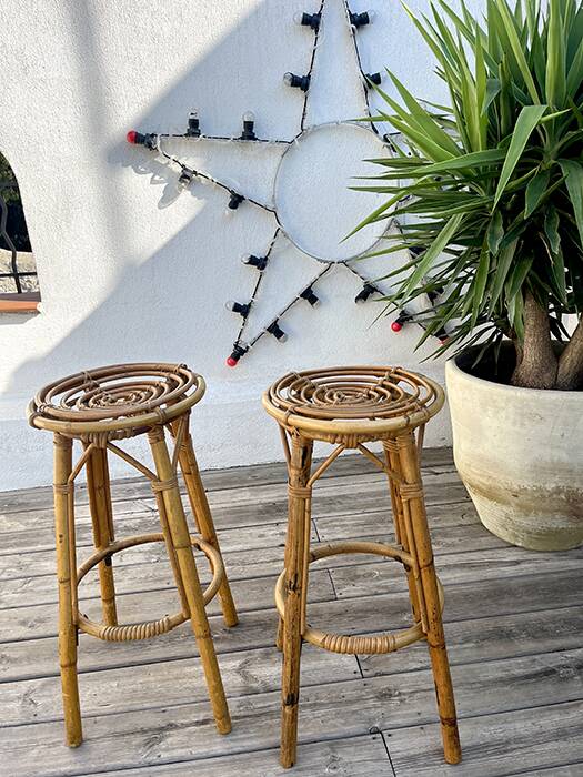 Paire de tabouret en bambou et rotin