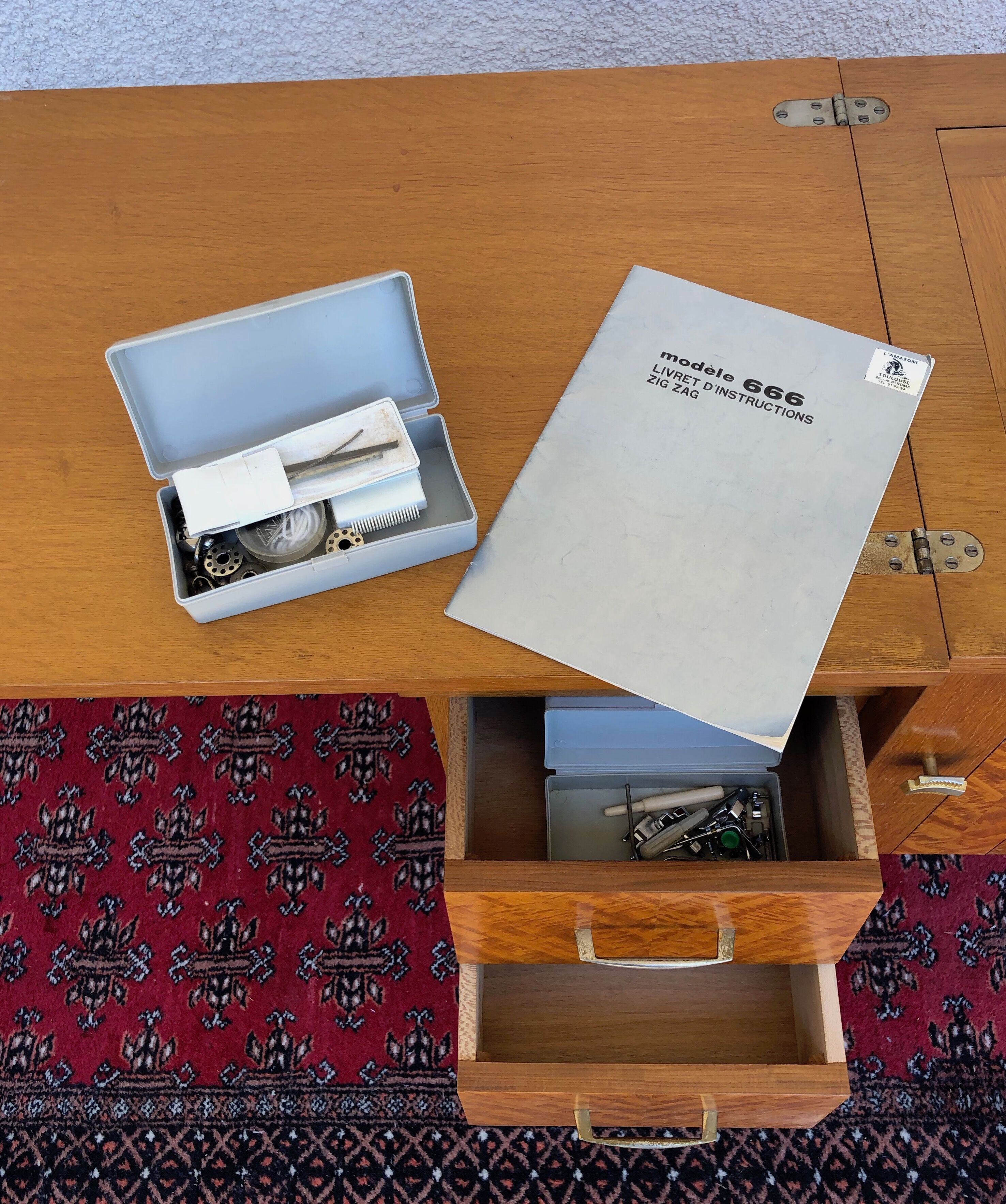 Vintage furniture with sewing machine light wood