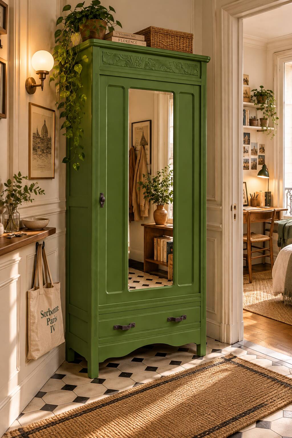Renovated Art Deco Parisian wardrobe in khaki with original mirror.