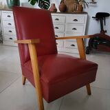 Fauteuil scandinave pieds compas bois et Skaï