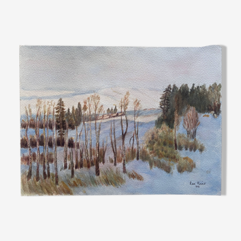 Tableau Aquarelle originale "Paysage hivernal arboré" signé de Rose Picard