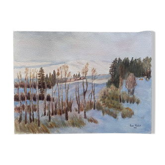 Tableau Aquarelle originale "Paysage hivernal arboré" signé de Rose Picard