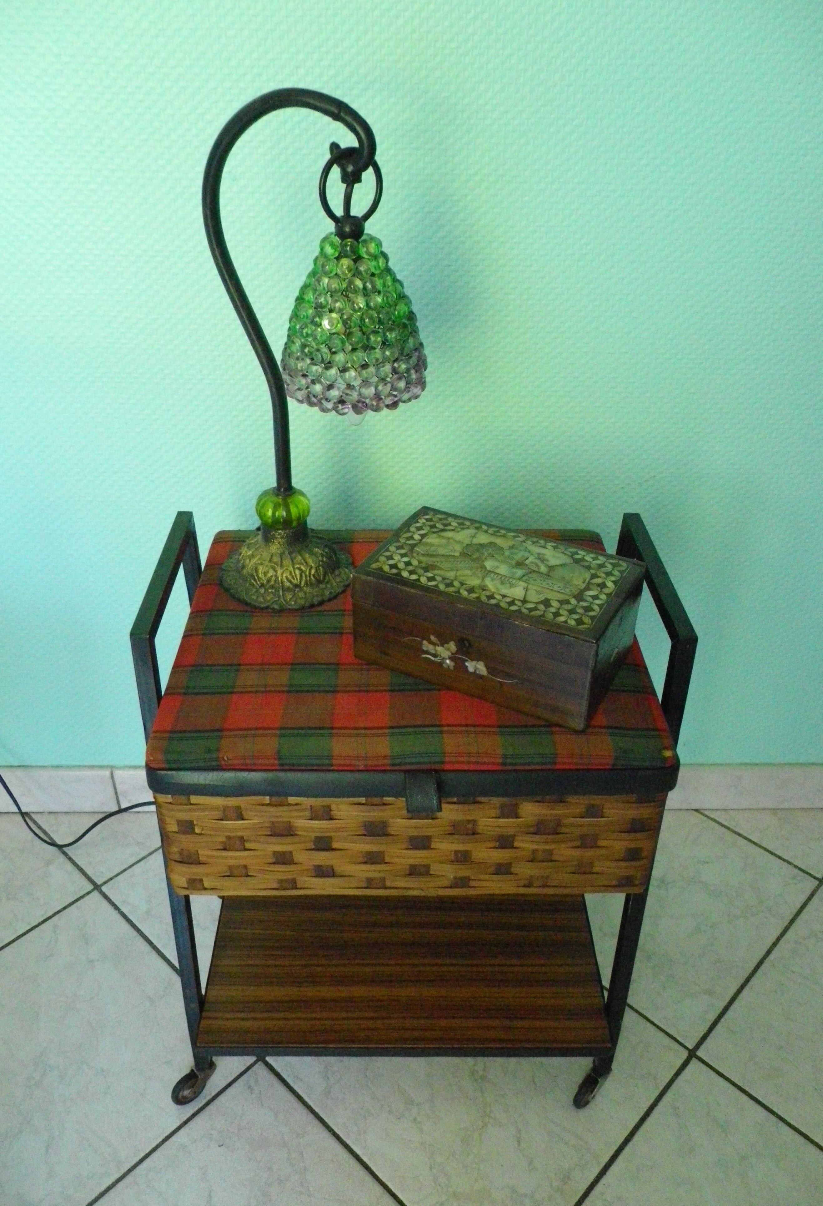Vintage worker on wheels, rattan, fabric, skaÏ, metal with formica shelf