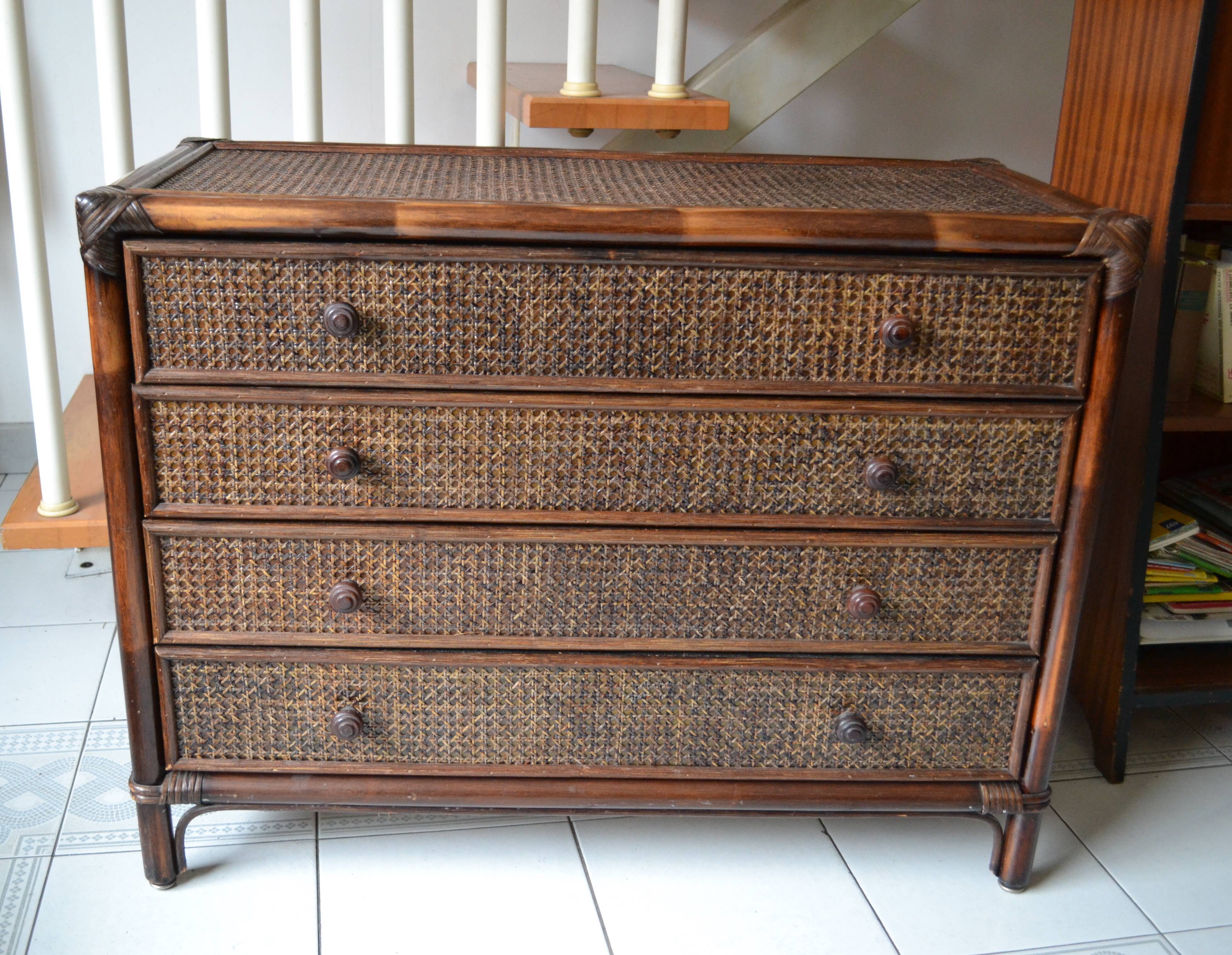 Vintage rattan bamboo chest of drawers