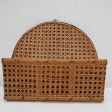 Old mail rack in wood and honey-colored rattan
