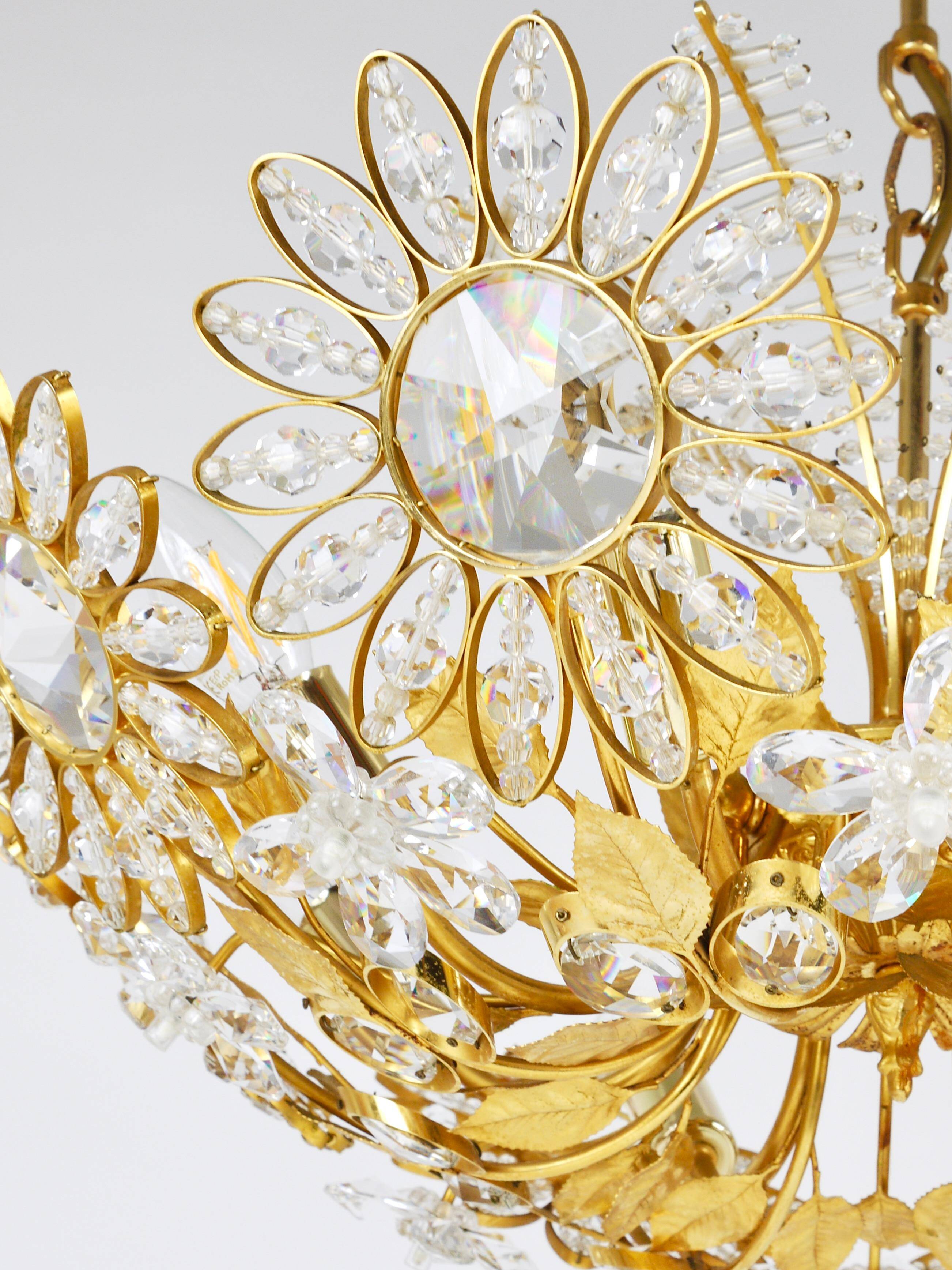 Ernst Palme Grand Chandelier Palm Tree Flower Palwa, Gilded Brass, Crystals, 1970s