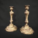 Pair of 19th century Louis XV style bronze candlesticks with arabesque rocaille candlestick