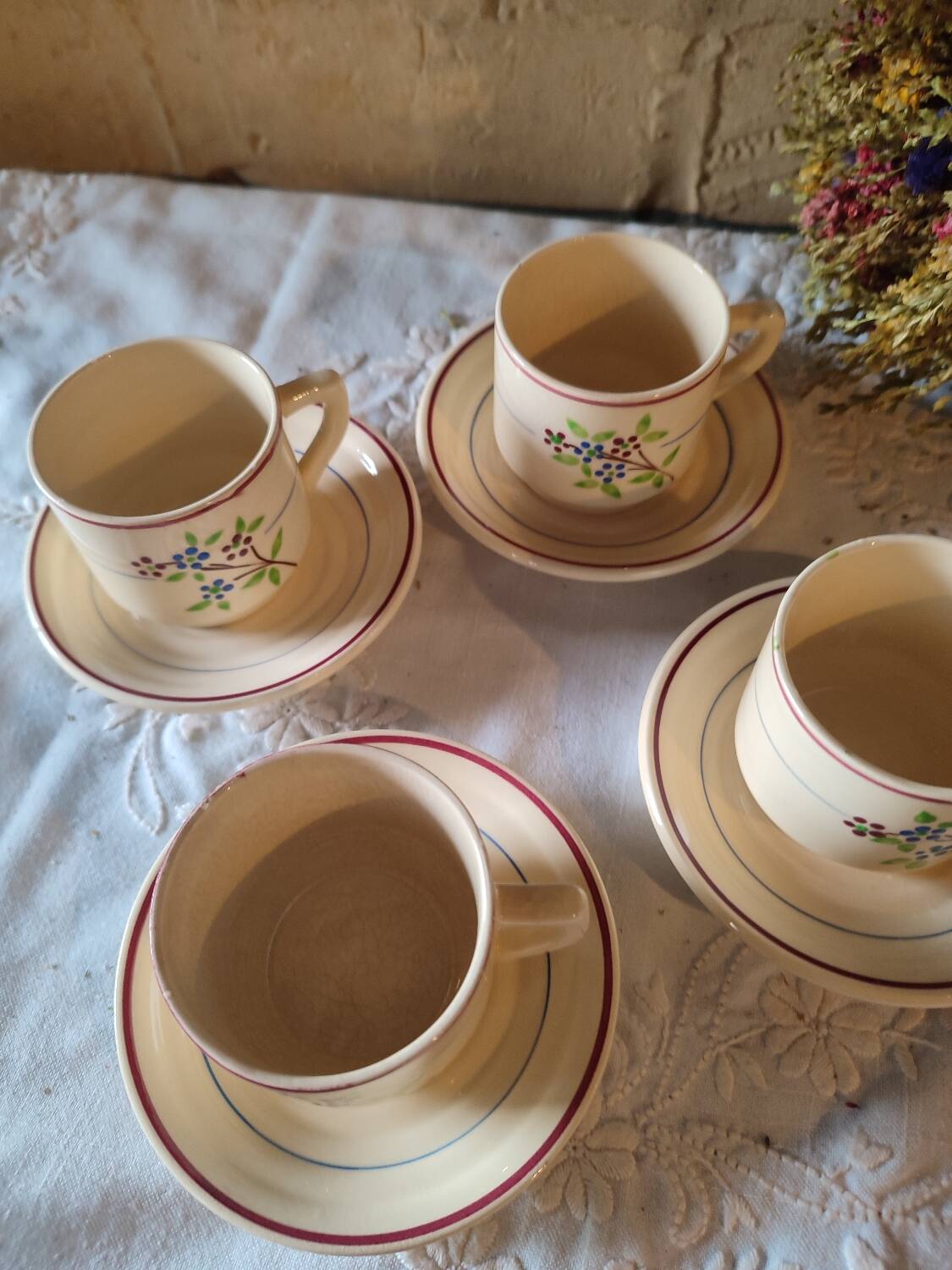 4 iron earth cups and saucers St Amand Moulin des Loups France, Odette model