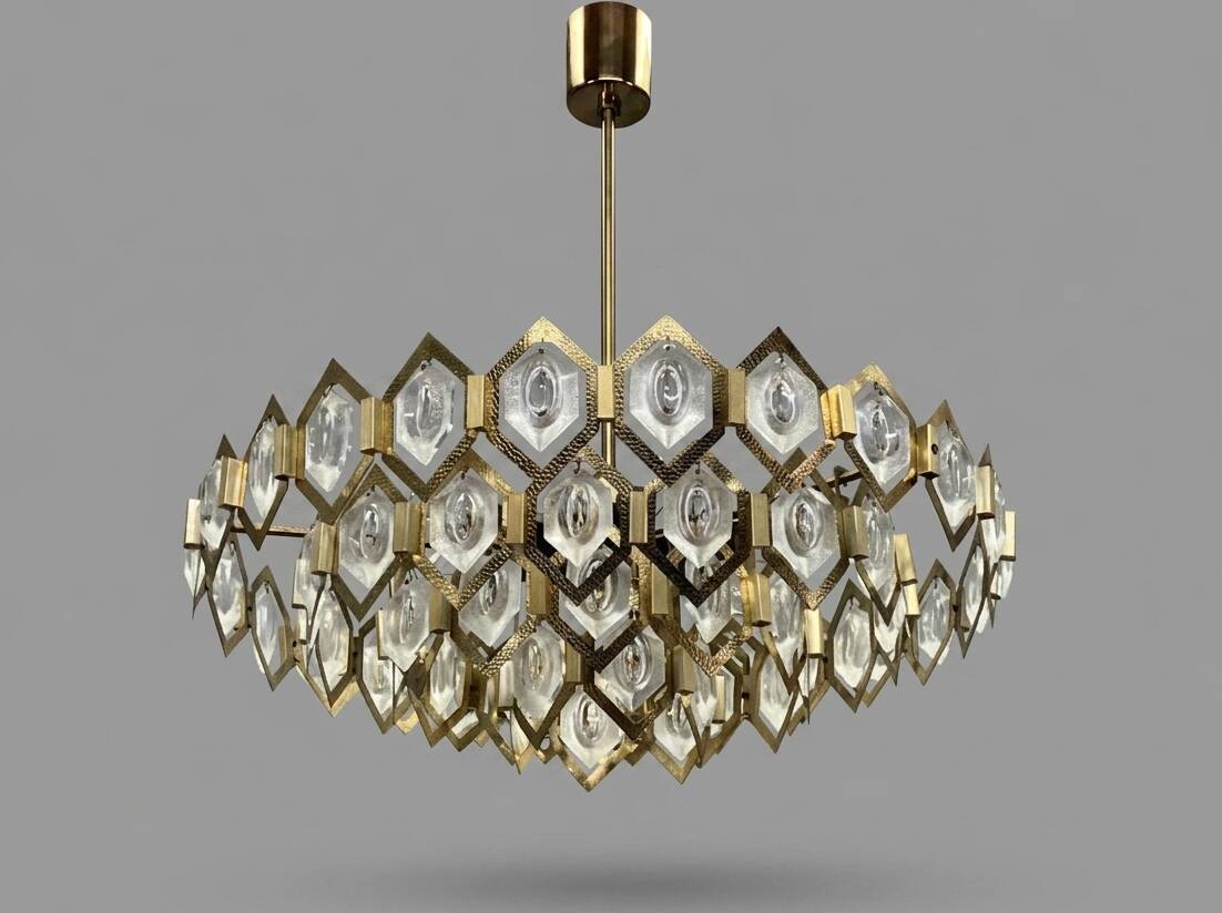 Faceted glass chandelier brass Jaroslav Bejvl Kamenický Šenov 1960s Czechoslovakia