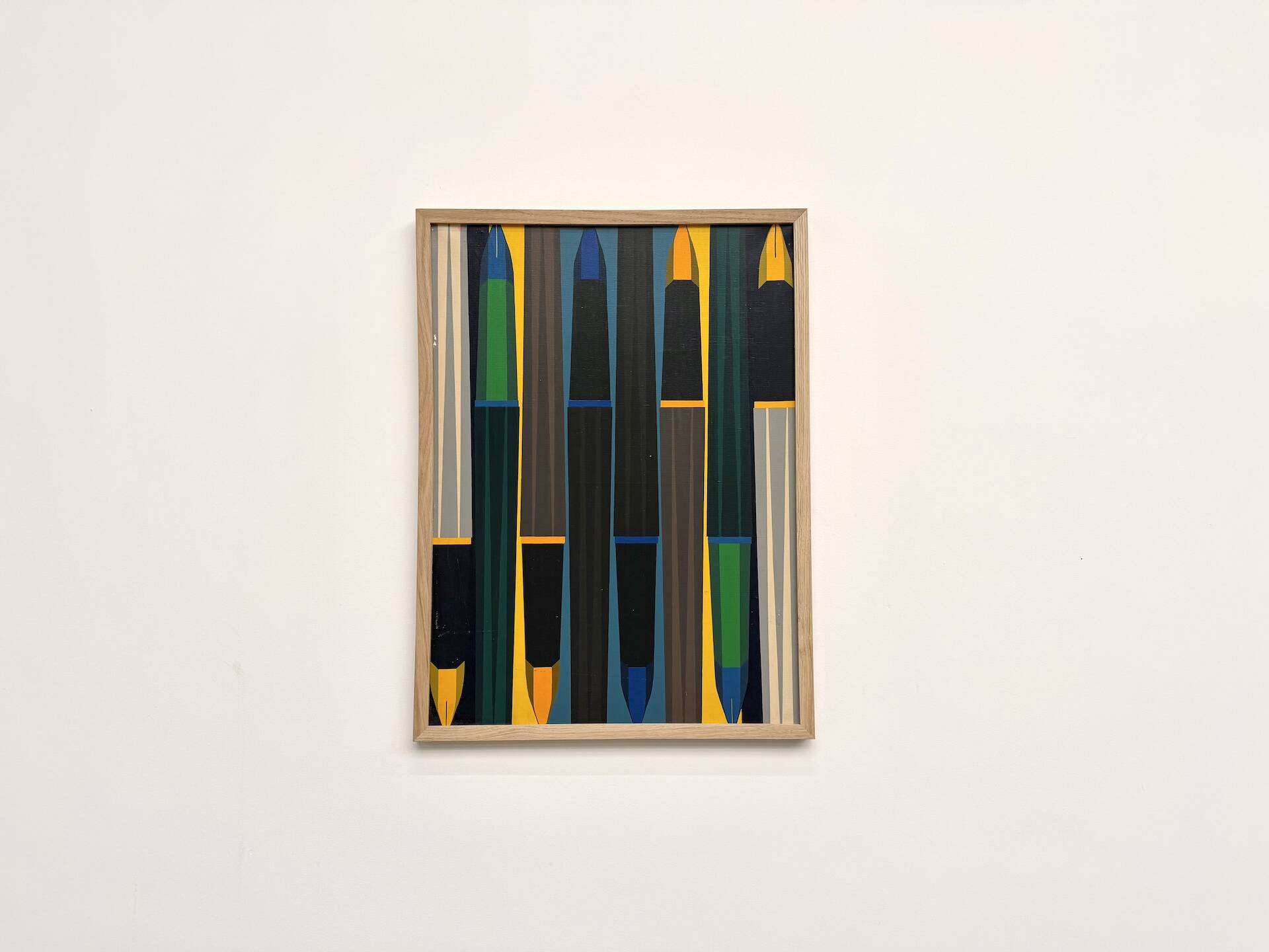 Peinture abstraite géométrique, huile sur toile encadrée chêne, années 1970