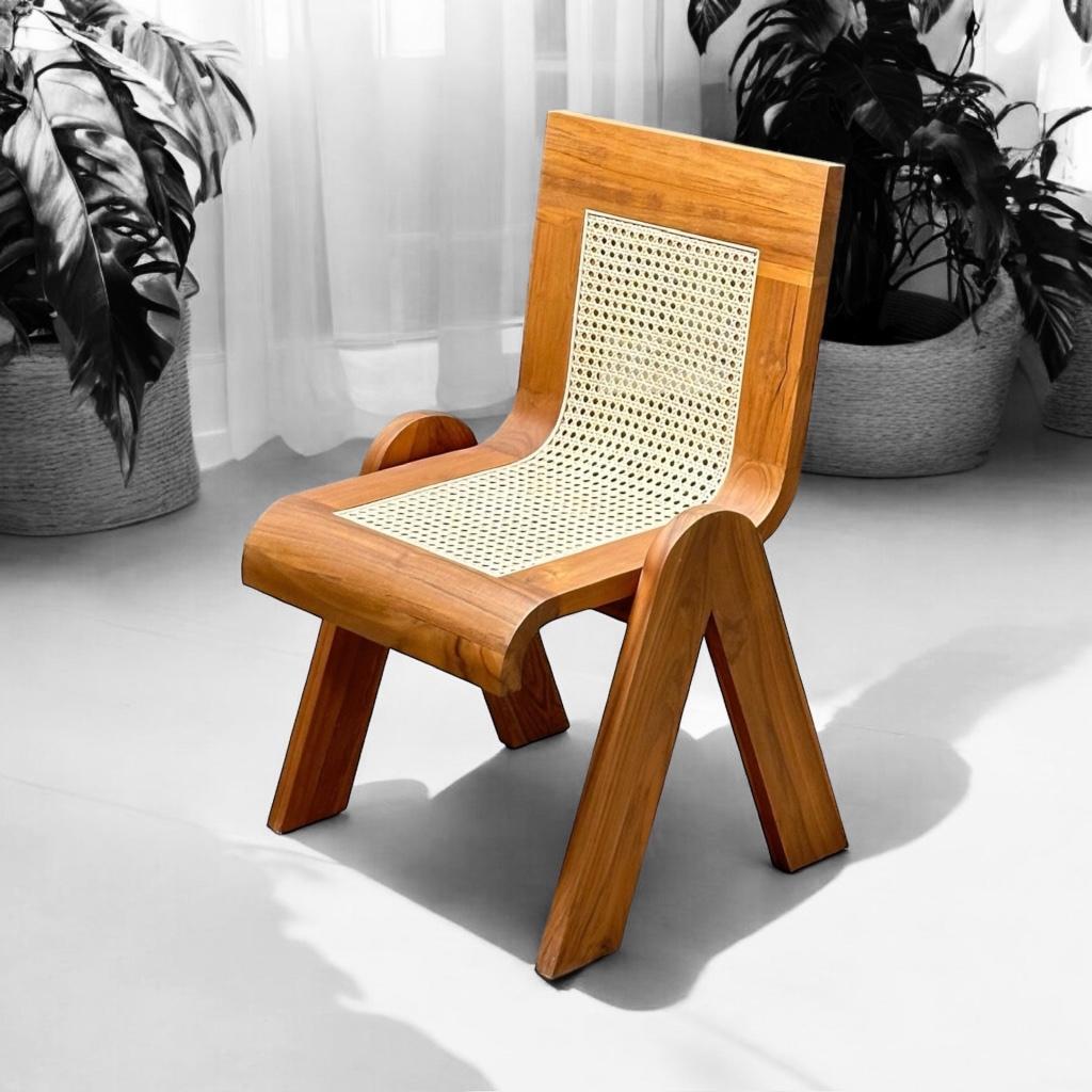 Solid wood dining chair with woven rattan seat