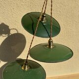 Trio of vintage green enamelled sheet metal lampshade pendants