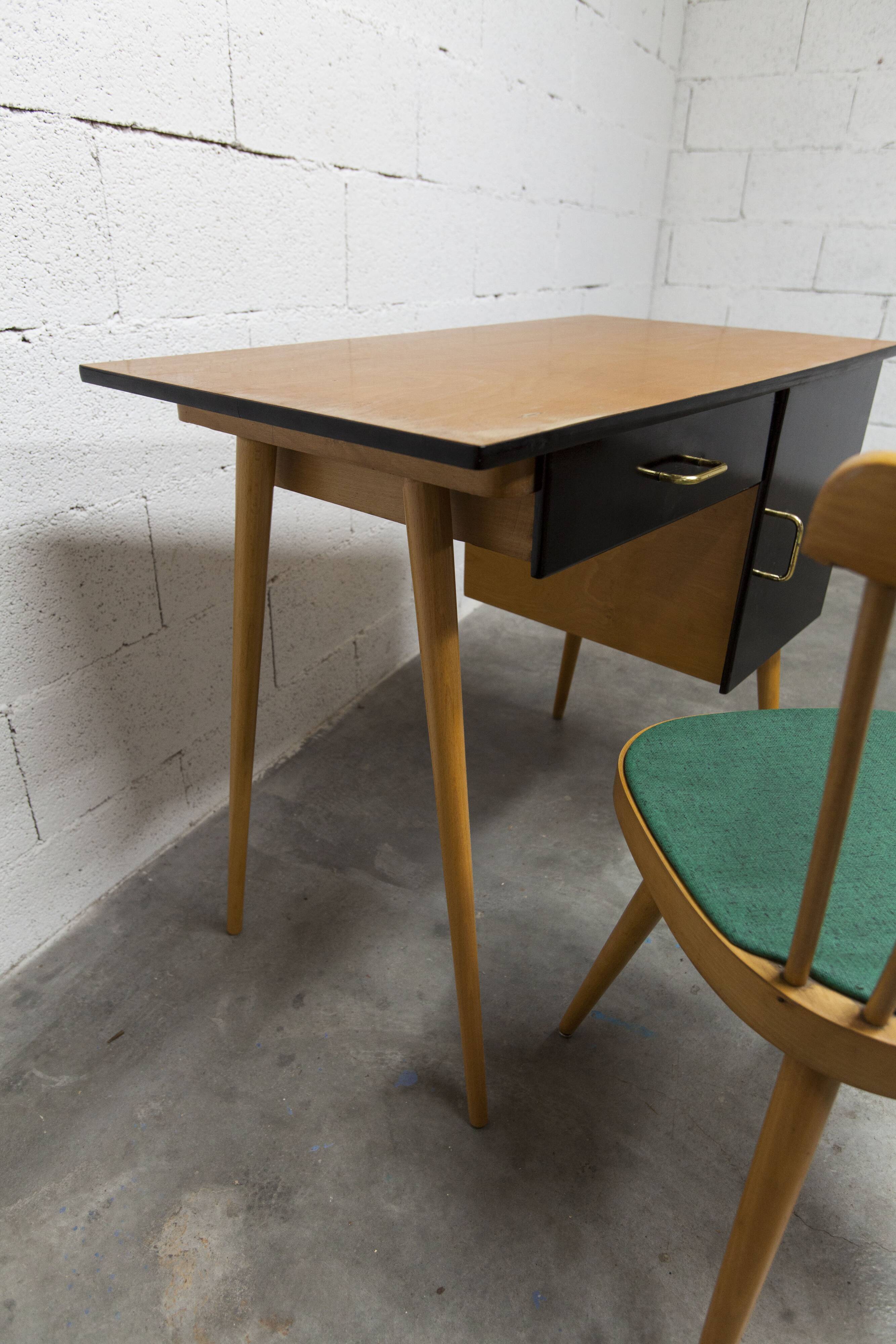 Baumann desk and chair, 1960s, Formica, wood and black, green seat