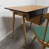 Baumann desk and chair, 1960s, Formica, wood and black, green seat