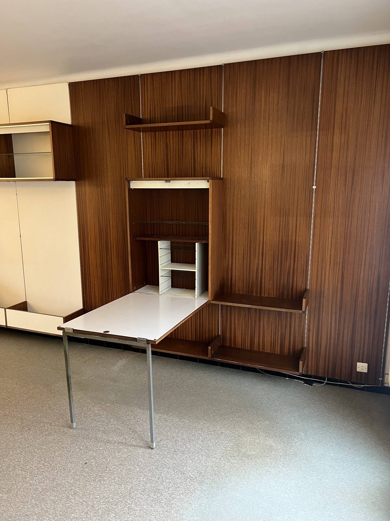 Modular Wall System in Wood Veneer, White Laminate, Glass and