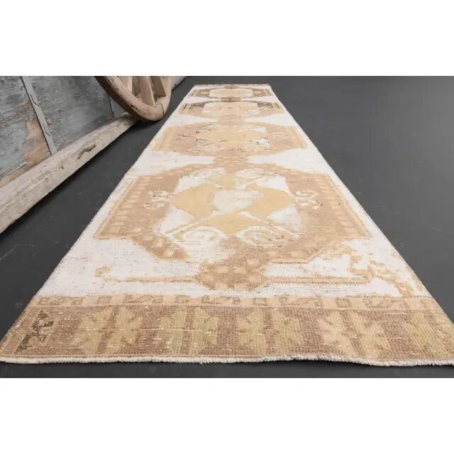 1970s Turkish Hand-Knotted Wool Cotton Beige Runner Rug 73x310