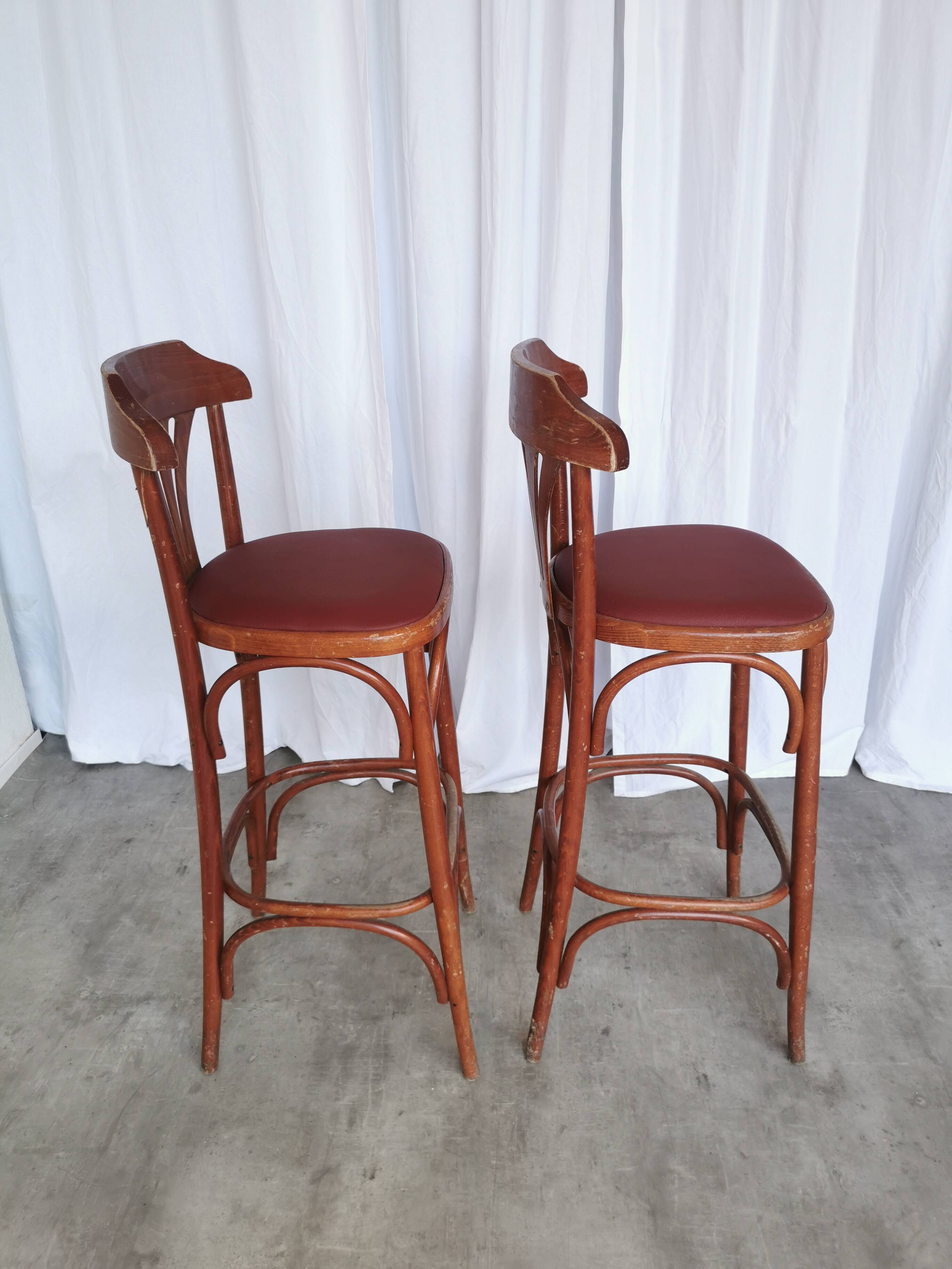 Mid-Century Thonet Style Bar Stools: Red Faux Leather Seat, Set of 2