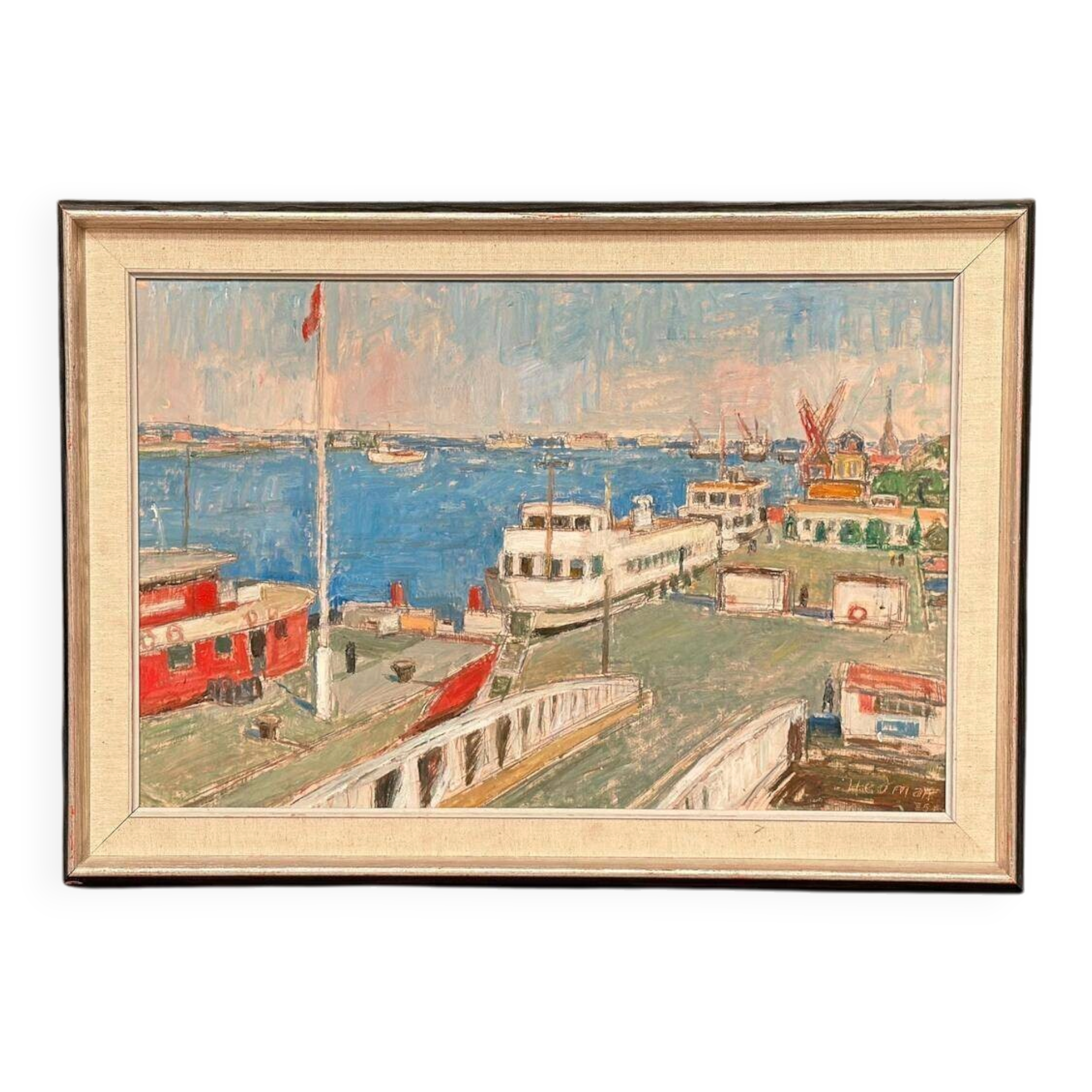 Original Swedish Oil Painting – “Malmö Harbour” By John Hedman
