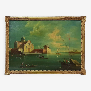 École italienne du XXe siècle "Gondoliers à Venise" Huile sur toile