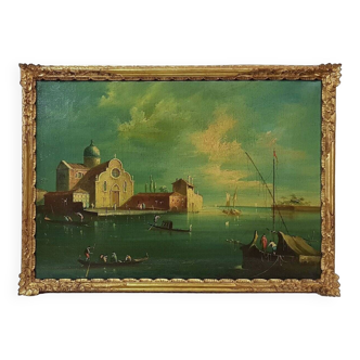 École italienne du XXe siècle "Gondoliers à Venise" Huile sur toile