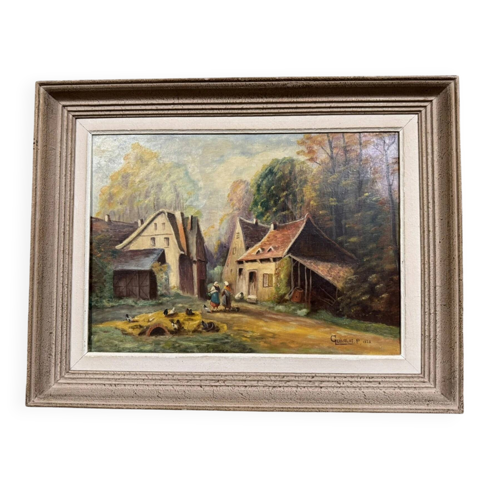 P. Guivalot: Oil painting on canvas, lively rural landscape, signed and dated 1956