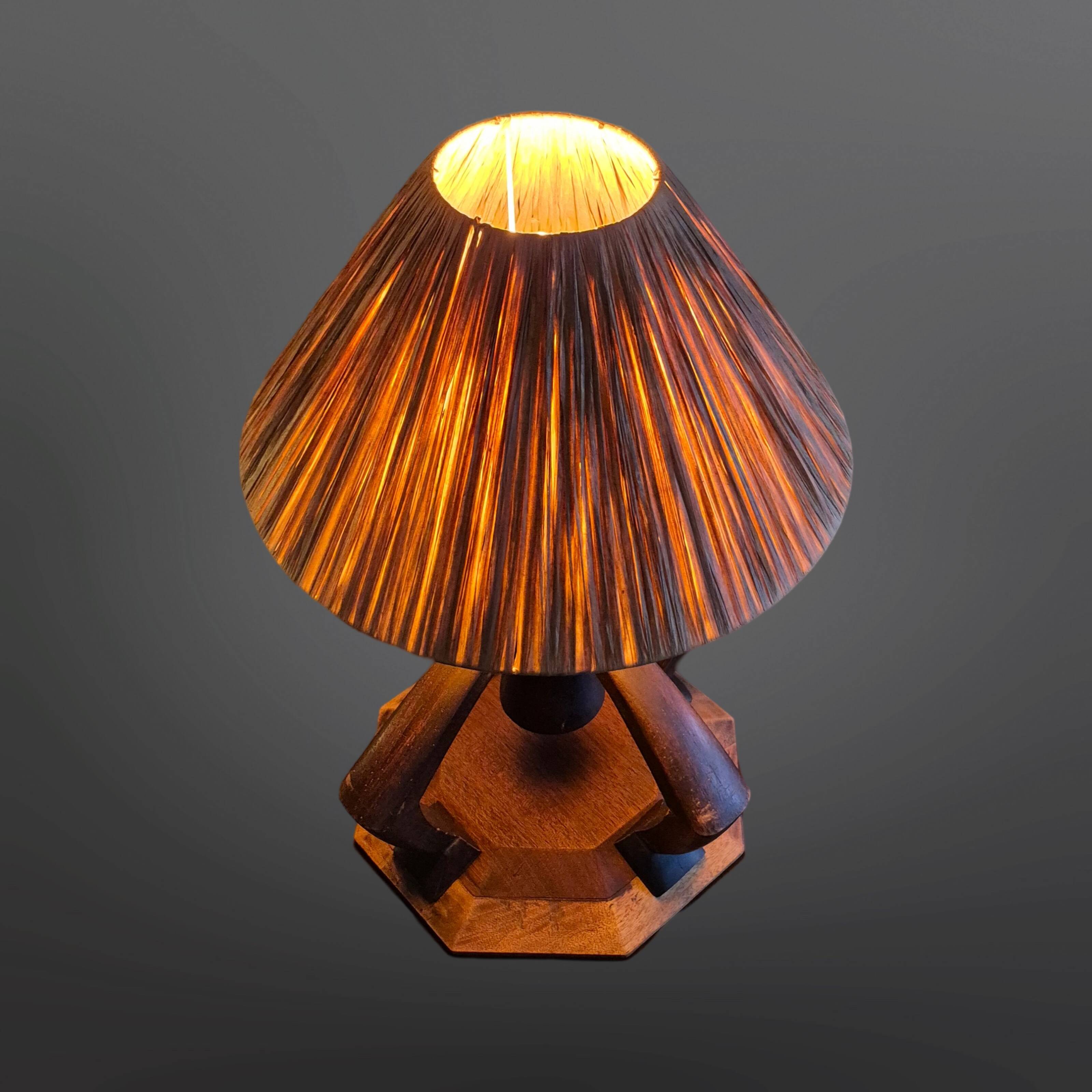 Hand crafted Wabi Wabi table lamp with raffia shade, Netherlands 1930s