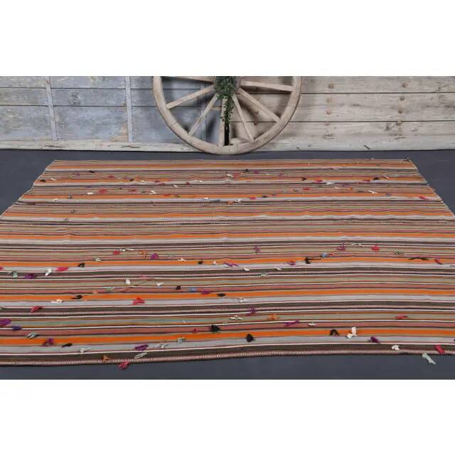 Vintage Turkish Hand-Knotted Wool Cotton Orange Kilim Rug 252x280