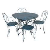 Antique wrought iron garden furniture set 1 table 2 armchairs 2 wagon green chairs