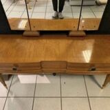Art Deco dressing table with a triptych mirror in blonde maple and briar burl.