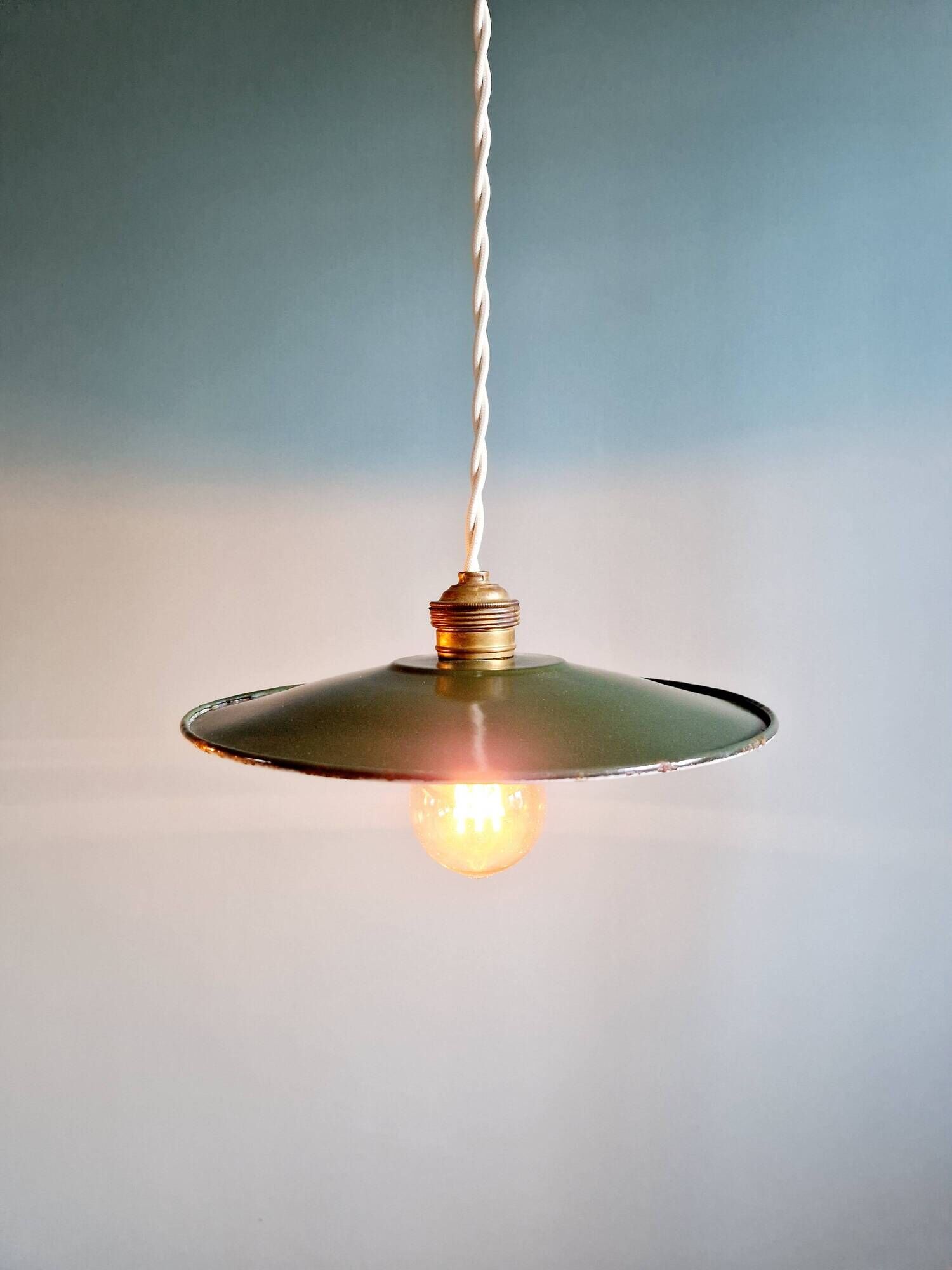 Pair of industrial pendant lights in green enamelled sheet metal