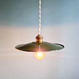 Pair of industrial pendant lights in green enamelled sheet metal