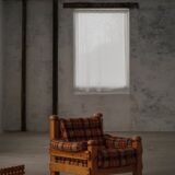 Brutalist lounge chair in solid pine, Swedish modern, made in the 1970s.