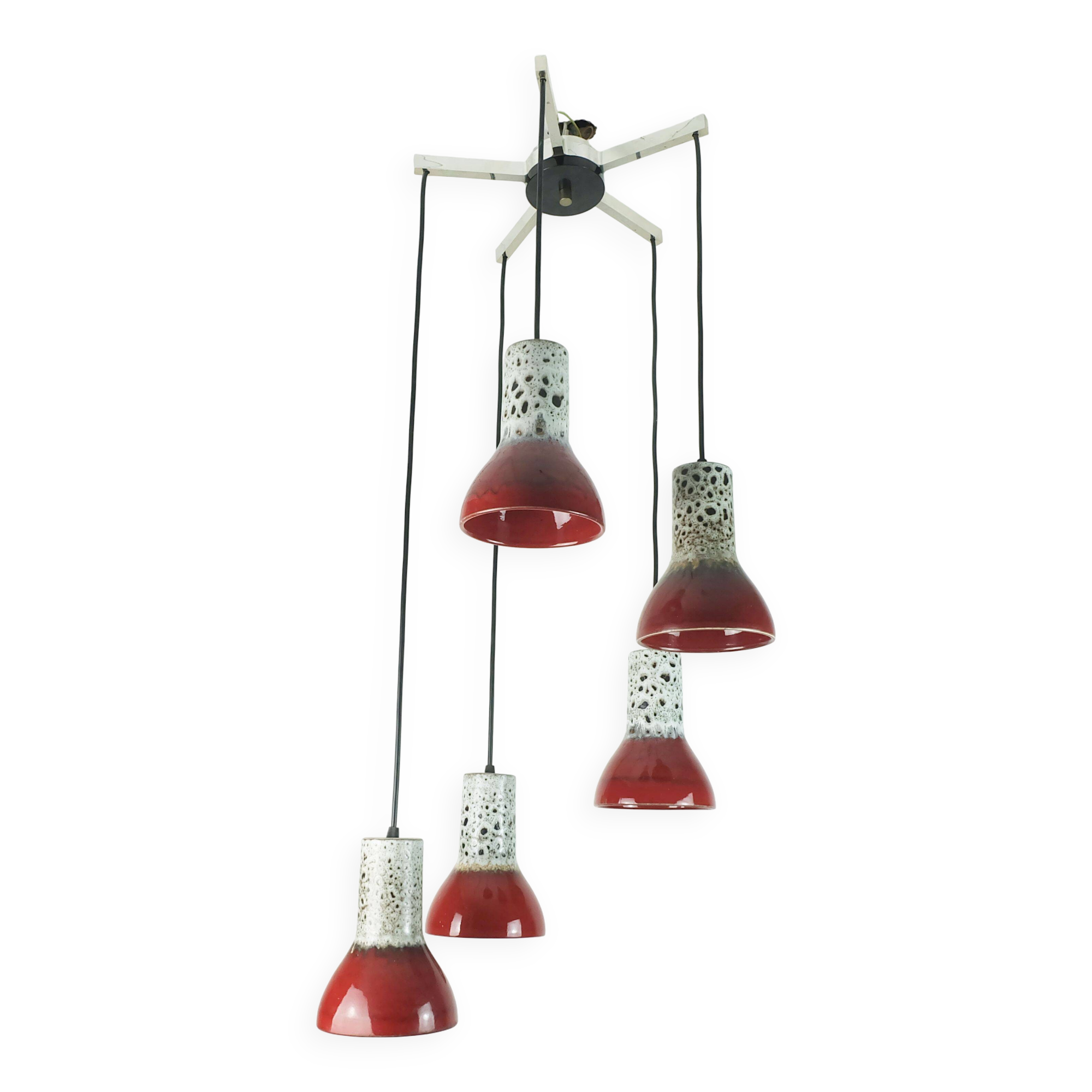 1970s mid century pendant light 5-light cascading lamp with fat lava cerami