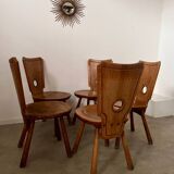 Set of 5 vintage 70s Brutalist design solid wood chairs