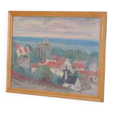 Swedish Oil on Panel “Village Scene” by E. R. Olsson, Vintage & Framed 54 × 66 cm