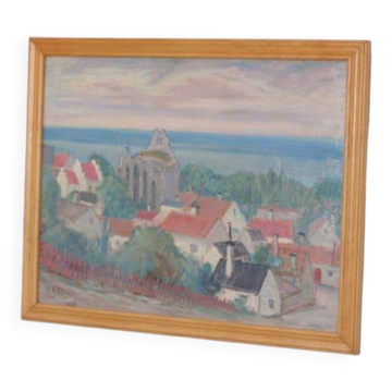 Huile su panneau suédoise "Scène de village" par E. R. Olsson, vintage et encadrée 54 × 66 cm