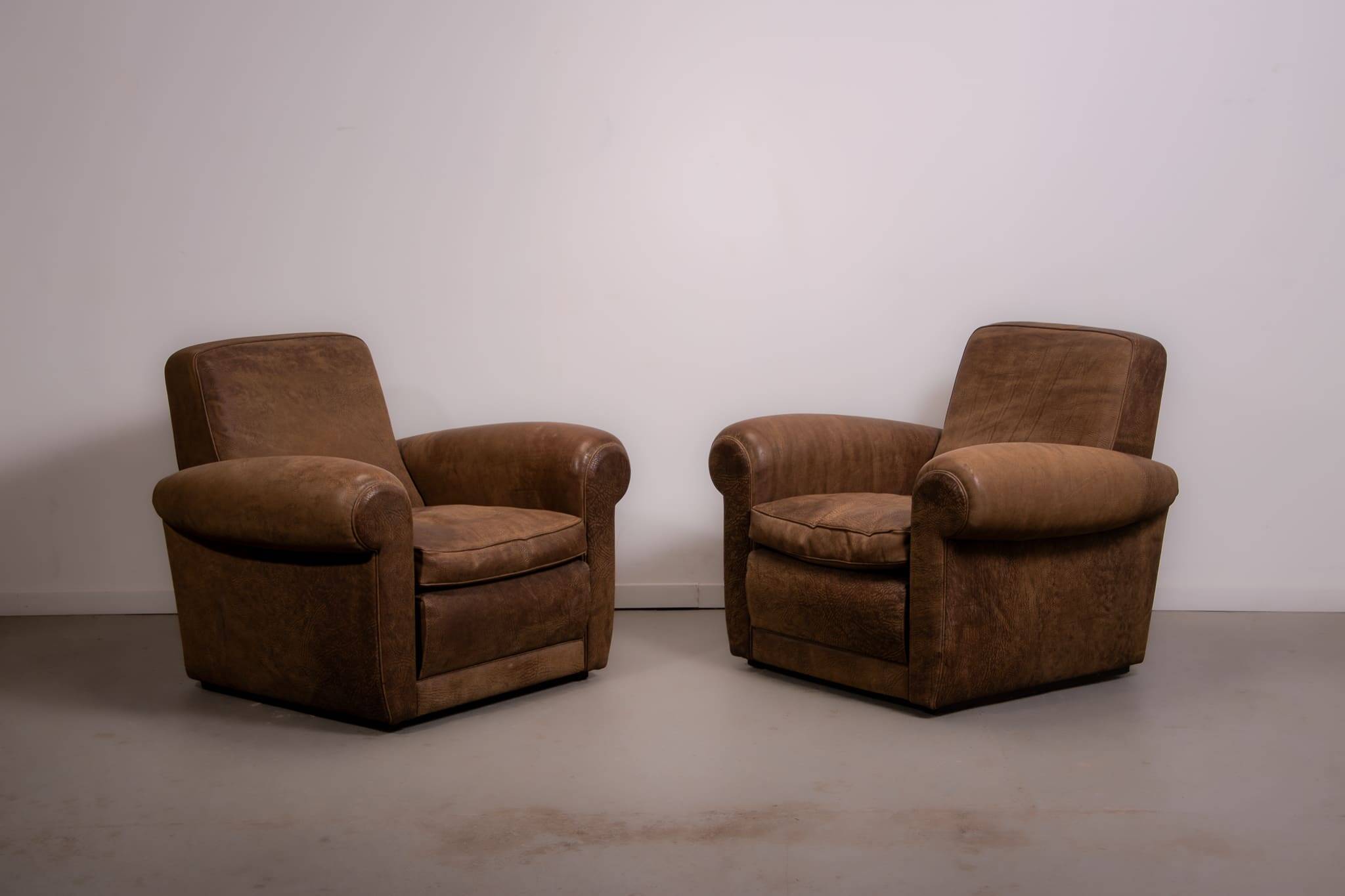 Mickey armchairs by Baxter Italy in Nabuk camel leather, circa 1998