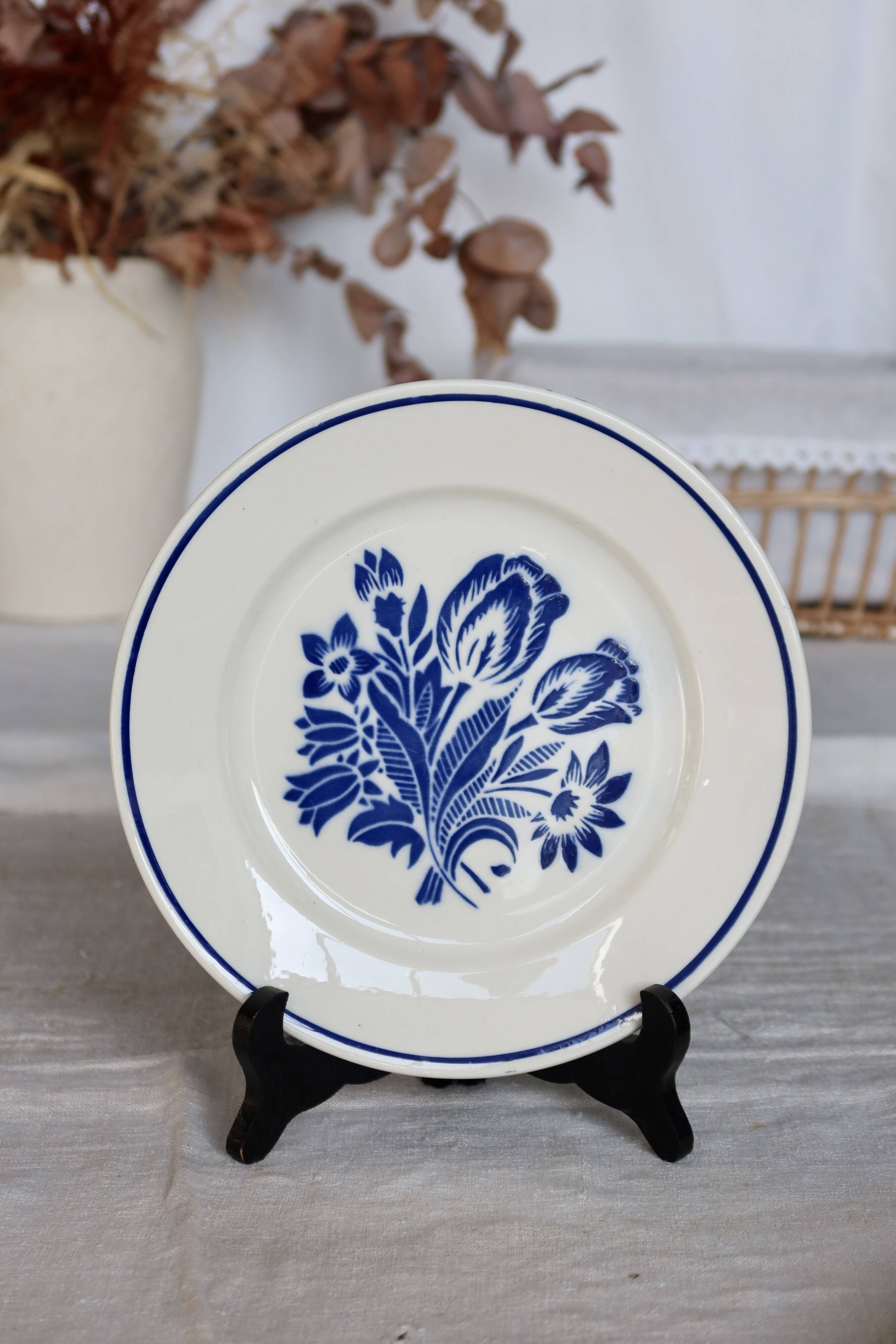 Assiette à dessert ancienne faïence Badonviller – Décor fleurs bleues