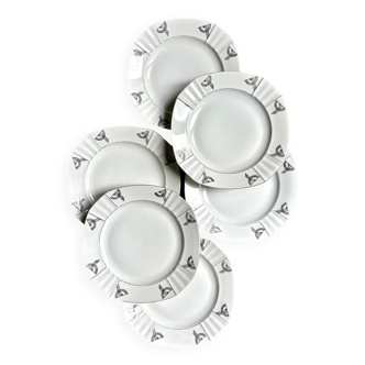 6 flat plates in white and silver porcelain, “Casablanca” service