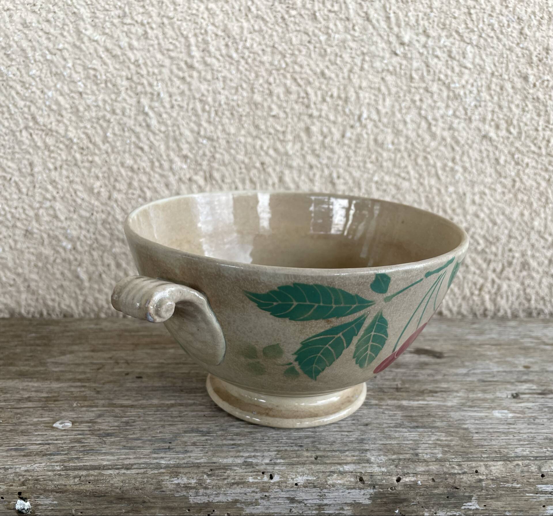 Earthenware bowl, café au lait bowl, antique, France, cherries.